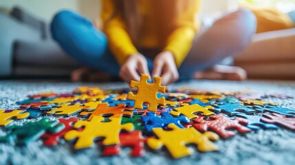 Scattered puzzle pieces next to a half-completed puzzle with someone sitting quietly in the background