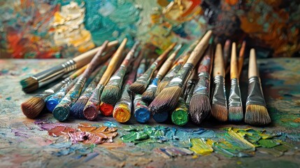 Fototapeta premium A collection of paintbrushes and paint tubes spilled on an artist s table with an artist reflecting in the background
