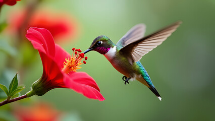 Fototapeta premium Hummingbird in Mid-Flight Near Bright Red Flower: Capturing the Beauty and Motion of Wildlife Interaction with Flora