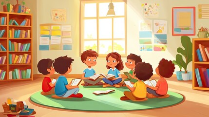 Fototapeta premium Engaging Storytime in a Cozy Classroom - Teacher and Kids Reading Books Together in Educational Setting