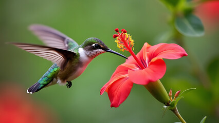 Fototapeta premium Hummingbird in Mid-Flight Feeding on Bright Red Flower: Capturing the Delicate Interaction Between Flora and Fauna.