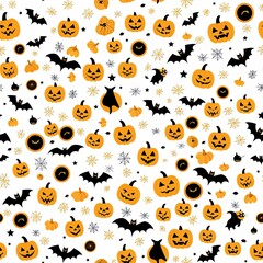 Seamless halloween pattern with jack-o'-lanterns, bats, and cobwebs