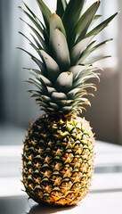 A fresh pineapple with a vibrant green crown and a textured golden-brown exterior, isolated background.