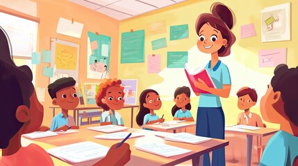 Engaging Language Lesson in a Colorful Classroom Setting with Teacher and Students Writing and Learning Together