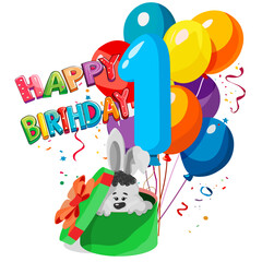 Happy birthday inscription and balloons with bunny as a gift