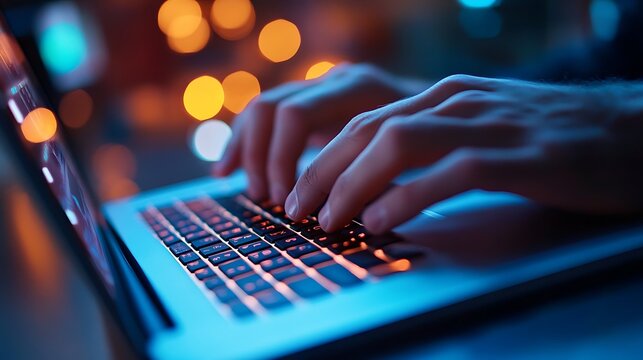Hands Typing on a Laptop Keyboard with Blurry Lights in the Background