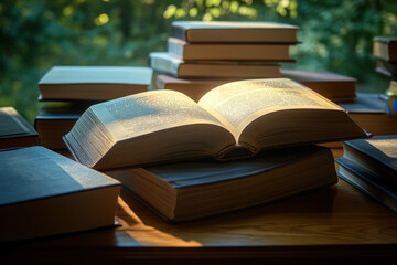 Open book bathed in warm sunlight sits among a collection of books, inviting readers to explore its pages