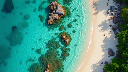 Tropical Beach Delight: Aerial View of Turquoise Waters and White Sand with Big Rocks in water, Capturing the Idyllic and Picturesque Nature of a Beach Haven.