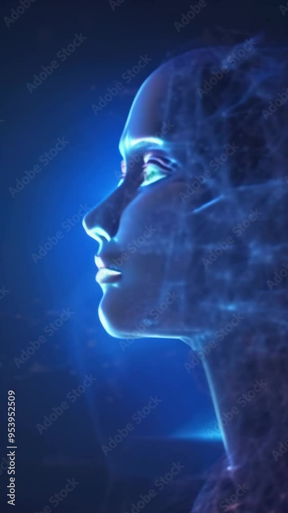Poster abstract human face dissolving into glowing particles in a digital environment. representing ai, mac