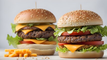 Two hamburgers with cheese and lettuce on top