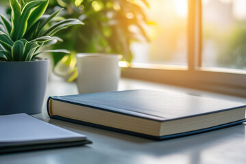 Fototapeta premium Blue book is laying on a table by a window with a coffee cup and a plant nearby, illuminated by warm sunlight