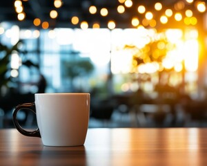 A cozy coffee cup on a wooden table, illuminated by soft warm lights, perfect for a morning ritual or serene moment.