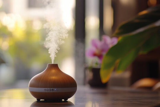 Electric diffuser spreading aromatic vapor in a well-lit room with a blurred background