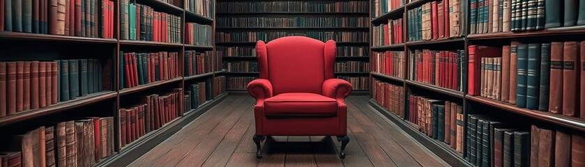 Fototapeta premium A cozy red armchair sits invitingly between towering bookshelves filled with classic literature, perfect for reading or relaxation.