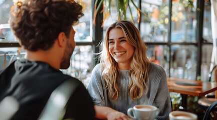 Romantic First Date: Portrait of a Couple Enjoying Coffee Together