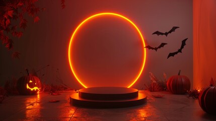 3D rendering product podium mockup with an orange glow for Halloween.