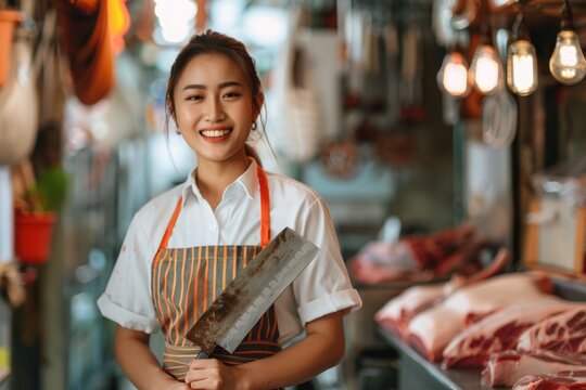 Cheerful Female Butcher in Apron Holding Cleaver in Traditional Market Setting - Ideal for Culinary, Food Industry, Business Promotion - Powered by Adobe