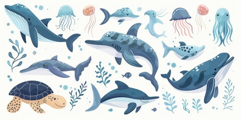 A collection of vector illustrations of sea animals, including whales, dolphins, and jellyfish, isolated on a white background.