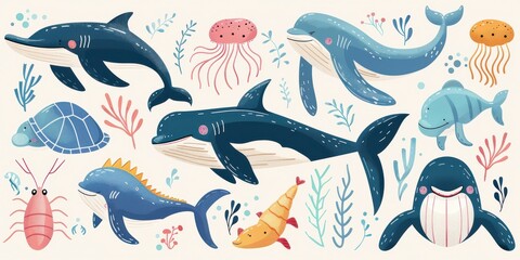 A collection of vector illustrations of sea animals, including whales, dolphins, and jellyfish, isolated on a white background.