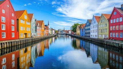 Obraz premium Colorful Houses Reflecting in a Calm Canal in a Scandinavian City