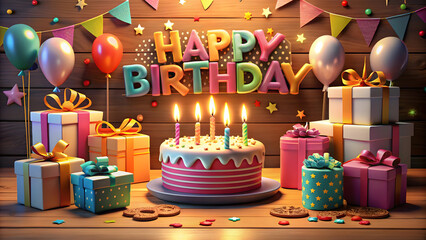 Abstract happy birthday Background With Balloons cake with candle Generative Ai