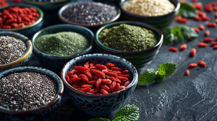 Fototapeta premium Colorful bowls of various seeds and superfoods arranged on a rustic table