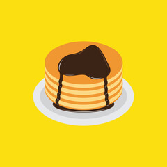 Pancakes on plate with cream and honey syrup sweet vector illustration. Tasty holiday cake food isolated on white