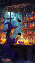 cartoon witch making halloween potions