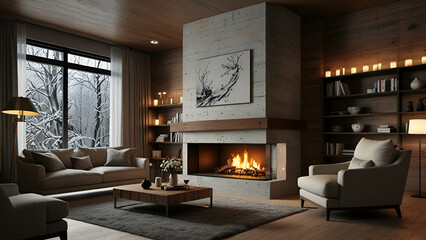 3D Luxury Living Room with Fireplace, Cozy Winter Atmosphere