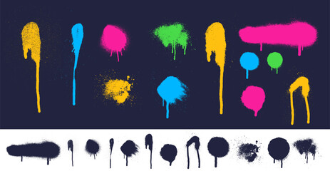 Spray paint drips, inky blots or splashes. Vector dirty grunge splash stains. Colored vector splatters, graffiti inkblot spots with dusty speckle effect. Paintbrush splotch, liquid blob, ink drop set.