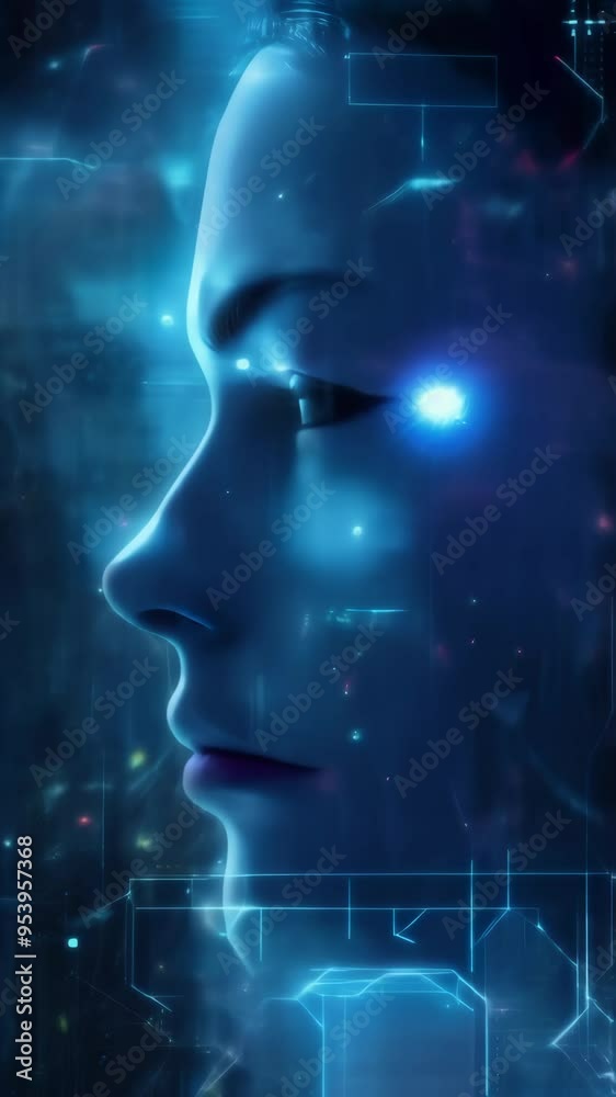 Poster profile of a humanoid face illuminated by digital blue light in a futuristic environment. represents
