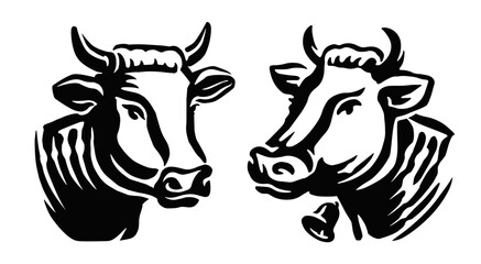 Cow, bull portrait head emblem or symbol. Hand drawn farm animals black and white vector illustration