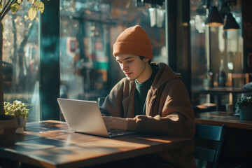 Young man is sitting at a table in a cafe, working on his laptop