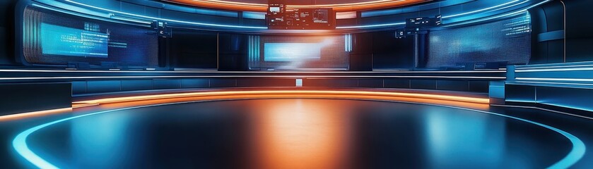 Obraz premium Modern futuristic television news studio set with vibrant lighting and high-tech design, perfect for broadcasting and media production.