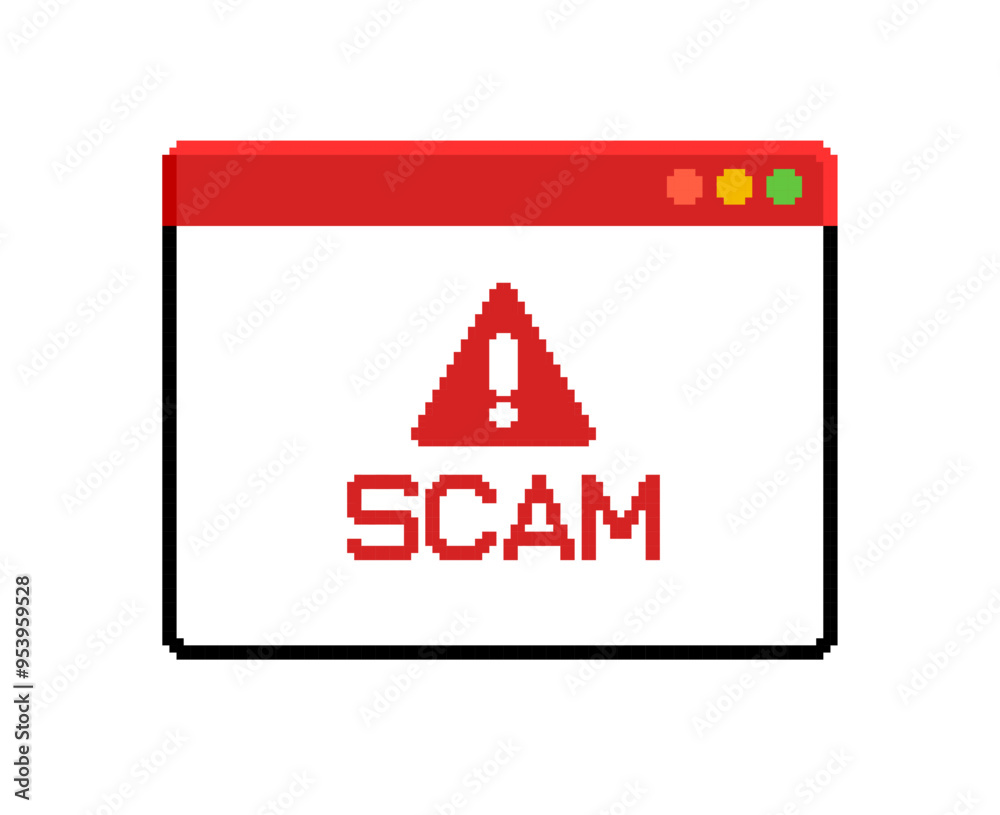 Fototapete scam - vector message window in retro 8-bit style game. vintage video game style sign caution messag