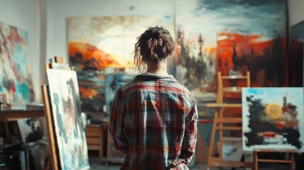 Fototapeta premium Artist standing in gallery composition background