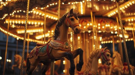 A charming carousel with illuminated horses spins softly at dusk, creating a magical atmosphere in a festive outdoor setting