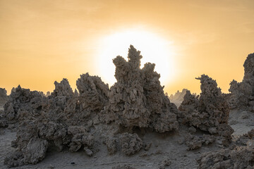 Sunset around the Volcanic Chimneys of Lake Abbe aka Lac Abbe Bad, Djibouti, East Africa, Horn of...