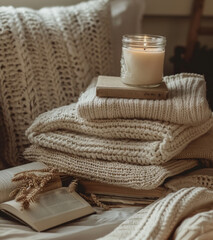 Cozy Hygge Scene with Knitted Blankets and Candle