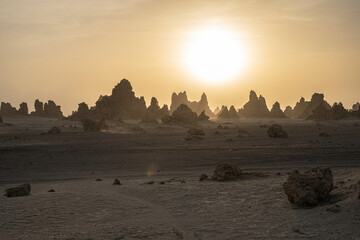Sunset around the Volcanic Chimneys of Lake Abbe aka Lac Abbe Bad, Djibouti, East Africa, Horn of...