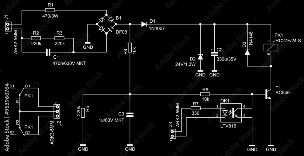 Wall mural 
Schematic diagram of electronic device on sheet of paper.
Vector drawing electrical circuit with connector,
resistor, capacitor, transistor, diode, led, other components.