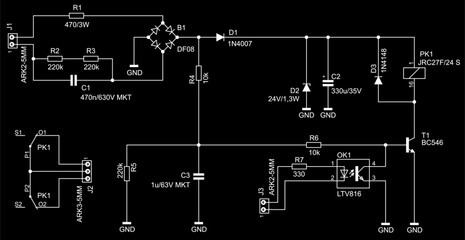 Obraz premium Schematic diagram of electronic device on sheet of paper. Vector drawing electrical circuit with connector, resistor, capacitor, transistor, diode, led, other components.