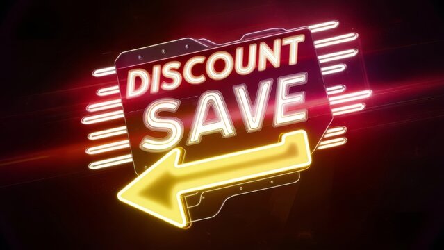 Discount save neon sign with glowing arrow on a dark background. Eye-catching and vibrant design for sales promotions, retail discounts, and marketing events, conveying urgency and excitement