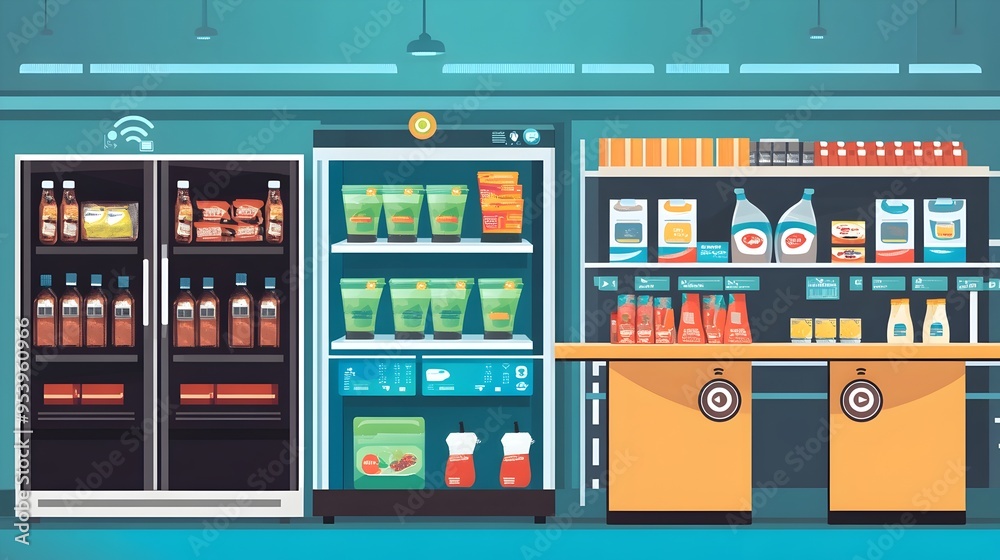 Poster graphic depicting iot integrated smart shelves that monitor product freshness and dates providing re