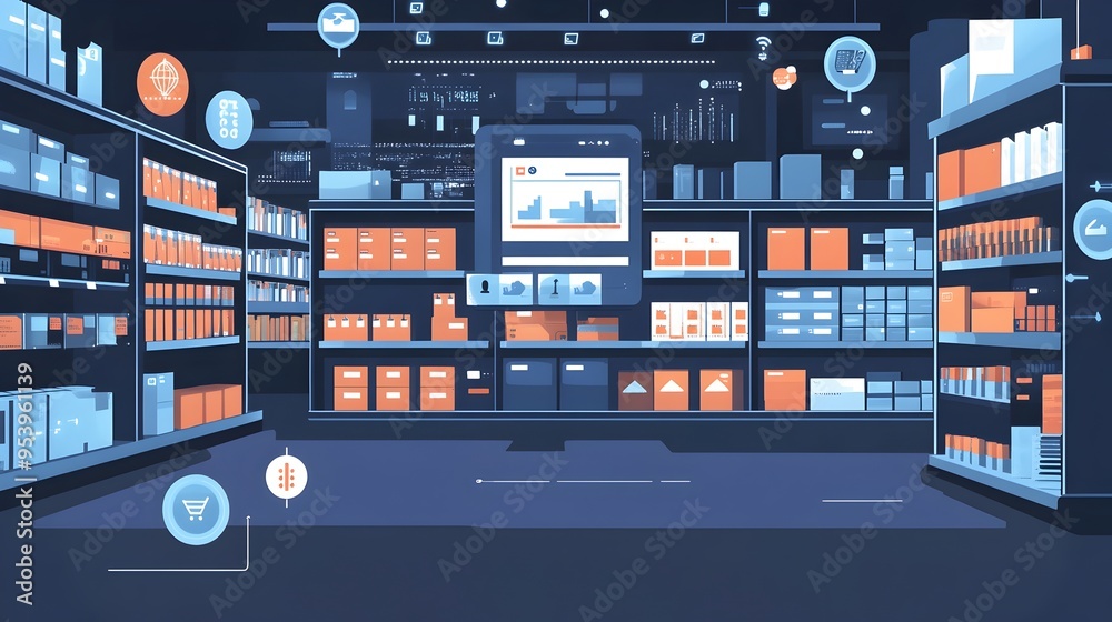 Poster futuristic graphic depicting iot powered shelves with a real time dashboard displaying comprehensive