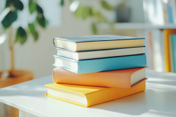 Stack of colorful books is waiting on a white table in a sunlit room, ready for an afternoon of reading and relaxation at home