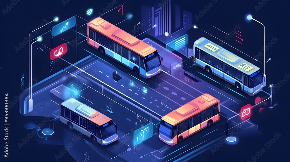 Poster sleek graphic of iot powered buses with real time route tracking and monitoring system for smart cit