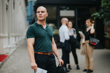 Fototapeta premium Confident business professional standing outdoors with colleagues in background, representing team collaboration, leadership, and professional conversation in an urban setting.