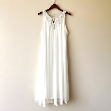 Tall chiffon white dress with lace neck on hanger