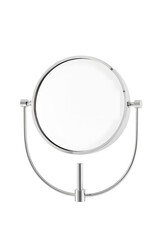 Fototapeta premium A sleek, modern wall-mounted mirror with a round shape and chrome finish. The mirror is designed for easy adjustment and is suitable for bathrooms or dressing areas.
